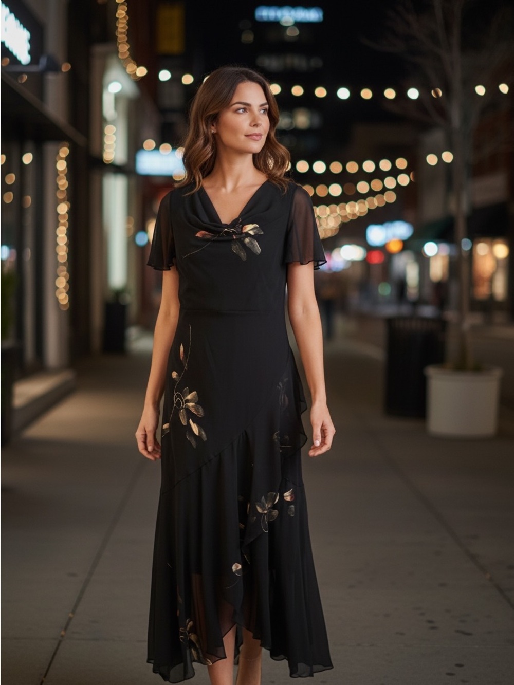 Eva Blue Black Floral-Accent Maxi Dress for Evening Events
